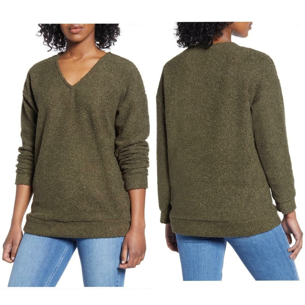 CASLON Nordstrom Cozy Olive Sherpa V-Neck … - Picture 1 of 9